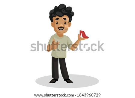 Cobbler is holding a sandal in hand. Vector graphic illustration. Individually on white background.