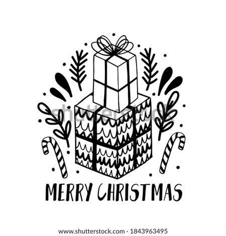 Merry Christmas decoration hand drawn.Doodle style greeting card with boxes with gifts .Vector illustration.