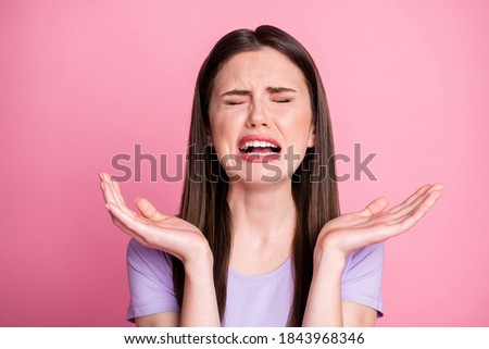 I deserve better. Closeup photo of displeased crying lady offended boyfriend rude words raise arms desperate call dad take her home wear purple t-shirt isolated pastel pink color background