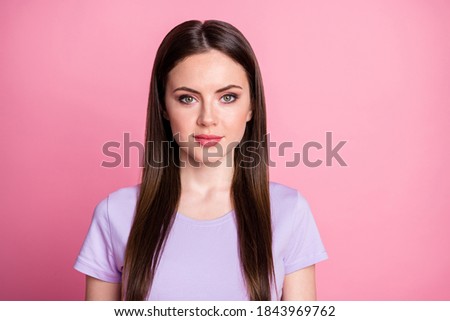 Closeup photo of attractive amazing pretty lady good mood smiling without teeth charming cute long hairdo wear casual violet t-shirt isolated pink pastel color background