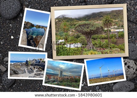 Beautiful snapshots of various Tenerife landscapes and landmarks arranged on black Canarian volcanic background with rocks and sand