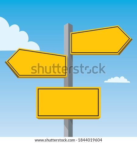 signpost, road sign, yellow color, blue sky background, vector illustration