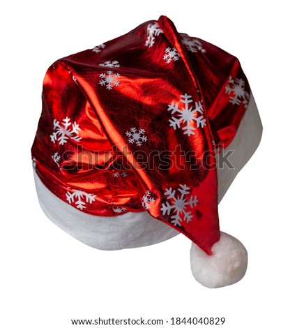 Santa Claus red with snowflakes hat isolated on white background .Santa Claus hat that is for wearing on Christmas Day.beautiful hatn Santa