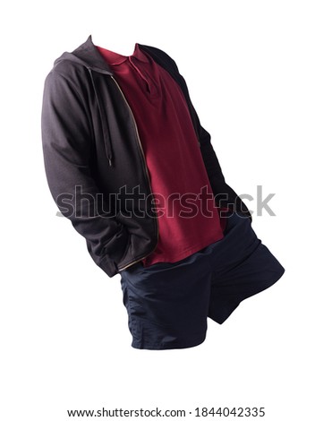 black sweatshirt with iron zipper hoodie,dark red polo t-shirt and dark blue sports shorts isolated on white background. casual sportswear
