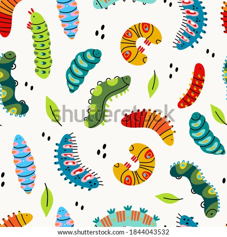 Various spring and summer colorful Caterpillars. Different silhouettes and shapes. Cute funny insects. Pretty colored characters. Hand drawn trendy Vector Seamless Pattern. Background, Wallpaper