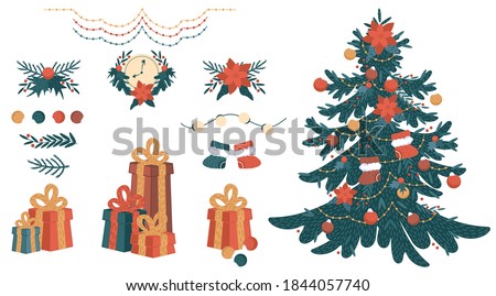 Christmas decorative set. Gift boxes, balls, garlands, socks, wreath, spruce isolated on white background. Cute scrapbook elements. Cartoon vector illustration.