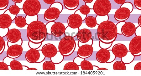Seamless pattern of premium red sandwich cookies. Easy to use in design. Pastry background. Food ornament. Baking menu decoration. Cute food texture. Vector illustration EPS10.
