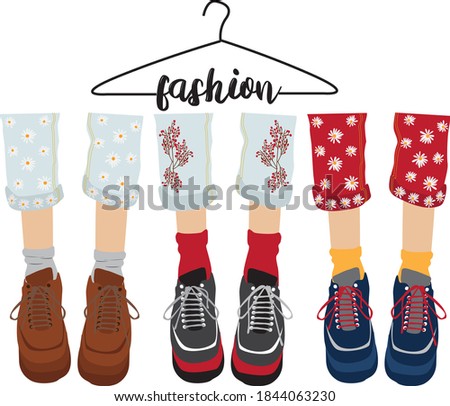 Fashion text. Vector hand drawn illustration of girls in sneakers. Creative artwork. Template for card, poster, banner, print for t-shirt, pin, badge, patch.