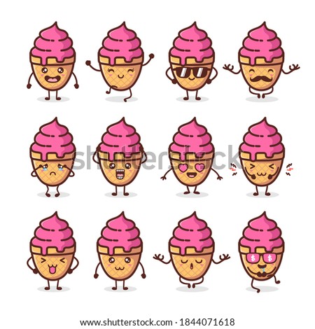 Cute and funny ice cream characters, cones, popsicles with smiling human faces, cartoon vector illustration isolated on white background. Set of colorful ice cream characters, mascots