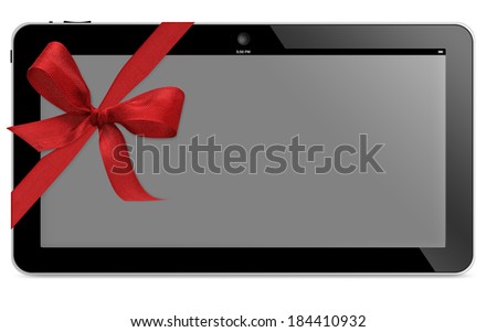 tablet computer with wide screen with red ribbon isolated on white background .  (with clipping work path)