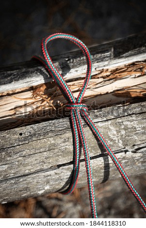 Red and green rope knotted around old wood