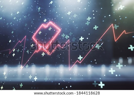Double exposure of abstract virtual heart rate hologram on modern business center exterior background. Healthcare technolody concept