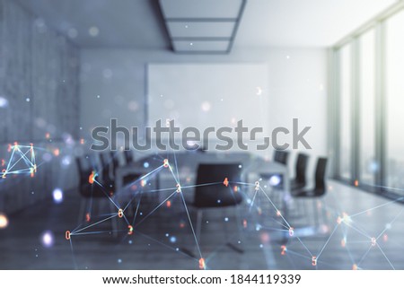 Abstract virtual wireless technology hologram on a modern conference room background. Big data and database concept. Multiexposure