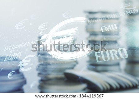 Virtual EURO symbols sketch on growing coins stacks background, strategy and forecast concept. Multiexposure