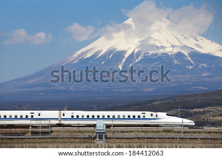 View of Mt Fuji and Tokaido Shinkansen, Shizuoka, Japan  Royalty-Free Stock Photo #184412063