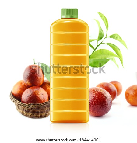 Red Orange juice in a plastic container jug with fresh orange and leaves on a white background. 
