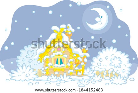 Smiling moon and a snow-covered small wooden house from a fairytale with rustic decorations, a porch and an old fence on a snowy and frosty winter night on Christmas Eve, vector cartoon illustration