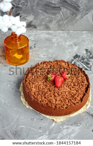 Chocolate cake is decorated with strawberry berries. Homemade cake. Pie on a grey background