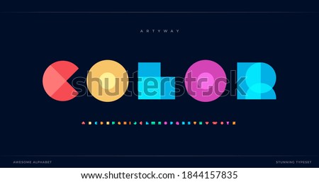 Geometric font color art alphabet, abstract decorative letters set. Overlay colorful type for modern logo, headline, bright lettering and poster typographic. Minimal style vector typography design Royalty-Free Stock Photo #1844157835