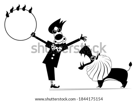 Circus, clown a tamer and lion illustration. Cartoon clown tries to force a lion jump through a fired hoop black on white
