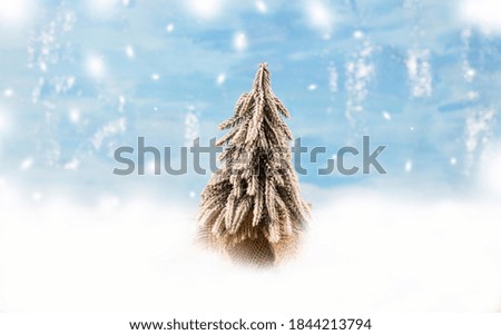 Winter Christmas background. Christmas composition, Christmas tree on a snowy winter background. Banner. Copy space