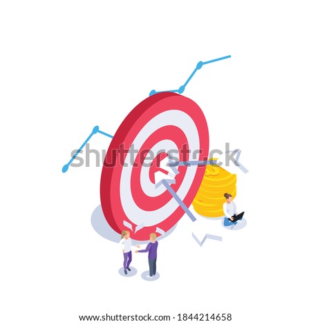 Web seo isometric composition with target sign and arrows with stack of coins and talking people vector illustration
