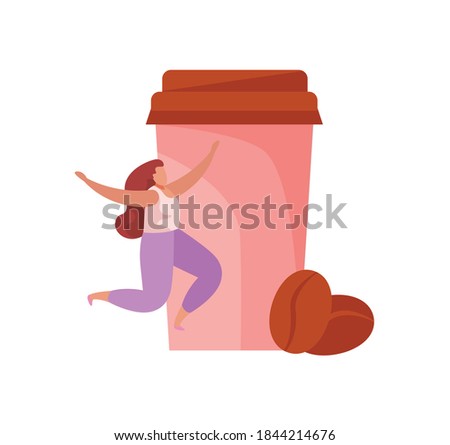 People with breakfast flat composition with icons of coffee beans with takeaway cup and jumping woman vector illustration