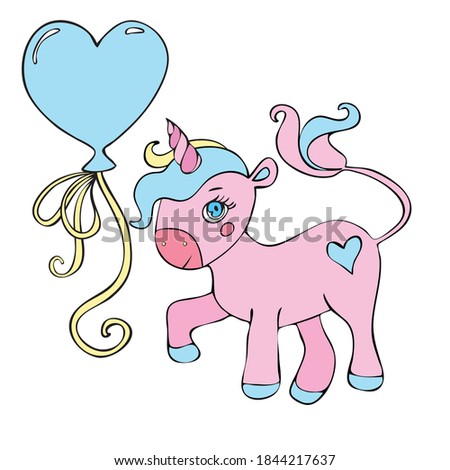 Cute magical unicorn with a balloon. Vector design over white background. T-shirt with unicorn print. Romantic hand drawing illustration for children.