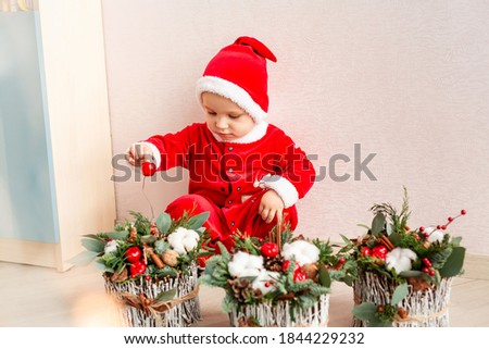 Cute small Santa Claus with Christmas flower decoration. Holiday and Christmas mood