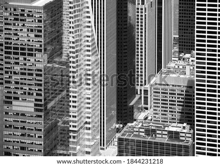 Black and white picture of New York City modern architecture, USA.
