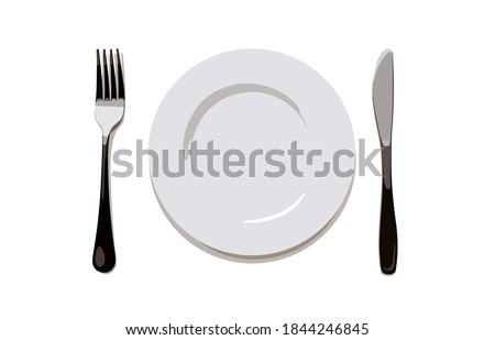 Dinner plate, knife and fork on white background. Isolated vector objects collection.