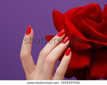 Beauty hands with red fashion manicure and bright flower . Beautiful manicured red polish on nails . Fasionable cosmatics and makeup. Royalty-Free Stock Photo #1844295946