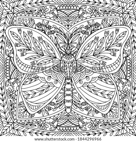 butterfly with flowers in folk style drawn on a square mandala with ornaments for coloring, vector, coloring book pages, mandala
