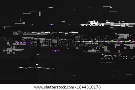Glitch no signal. Abstract digital distortion. VHS noise backdrop with horizontal lines. Video error and color pixels. Glitch TV screen with overlay effect. Vector illustration. Royalty-Free Stock Photo #1844310178