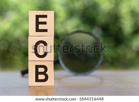 The abbreviation of the ECB is the central bank of the European Union and the euro area. On wooden cubes on a table with a magnifying glass on a green background. Business concept.