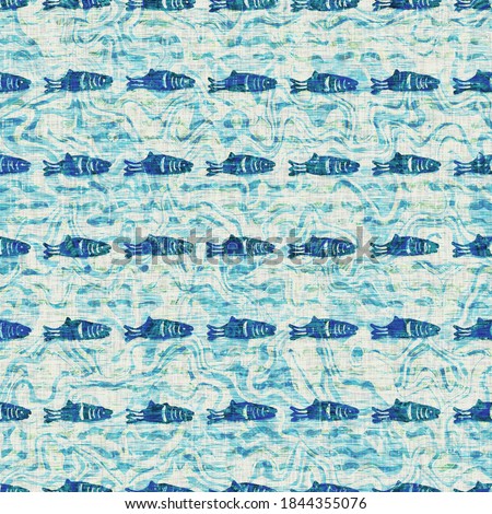 Teal blue fish weathered grunge nautical texture background. Summer coastal living style home decor tile. Sea life animal sardine material. Worn turquoise dyed beach textile seamless pattern