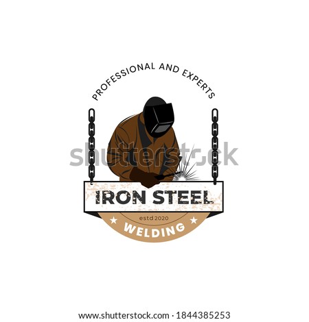 Welding company badge logo design, welder silhouette working with weld helmet.