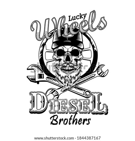 Retro skull of bearded repairman vector illustration. Monochrome spanner, wrench and wheel. Repair and service concept can be used for retro template, banner or poster