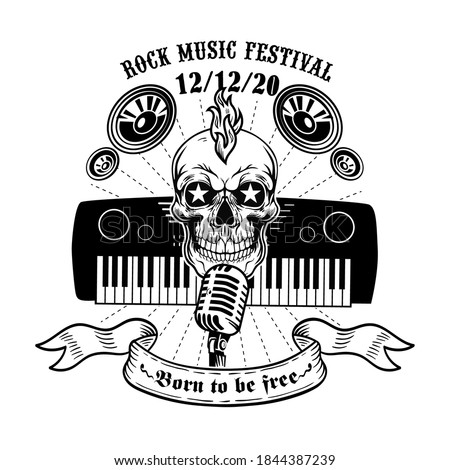 Retro skull and piano or synthesizer vector illustration. Monochrome dead head for live music festival sign. Rock and roll concept can be used for retro template, banner or poster