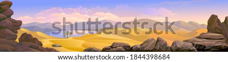 Panoramic view of a desert with an oasis in the middle of the sand dunes. Royalty-Free Stock Photo #1844398684