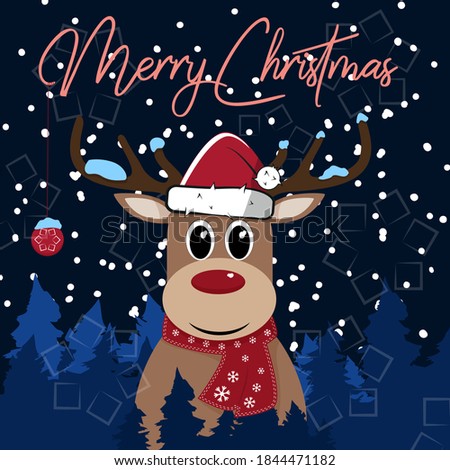 New Year and Christmas postcard with cartoon deer. Cute deer in christmas hat in forest saying "Merry Christmas". Cartoon deer with scarf and Christmas toys.