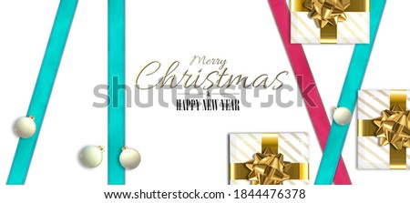 Christmas 3D modern festive design. Xmas 3D realistic gift boxes presents, ribbons, balls baubles on white background. Text Merry Christmas Happy New Year, 3D render