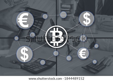 Bitcoin concept illustrated by pictures on background
