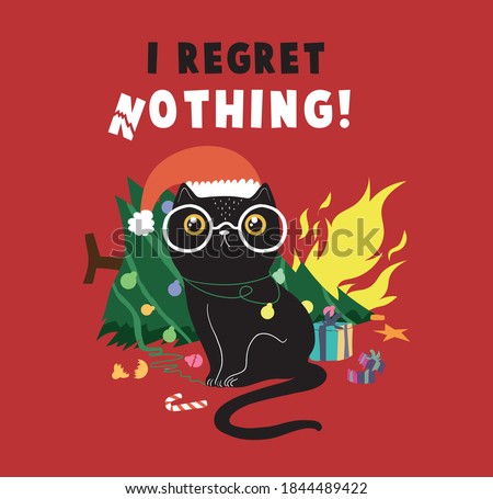 Cute cartoon black cat playing with a Christmas ball. Concept for funny postcard, Merry Christmas and Happy New Year, stickers. Isolated vector illustrations.T shirt Graphic print.
