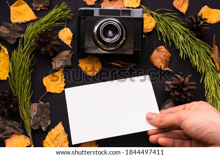 Empty white sheet, blank photograph and retro photo camera on black background with autumn leaves, pine branches and pine cones . Copy space. Top view. Memories of past concept