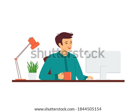 Happy smiling young man is sitting at a table with computer. Concept for remote work and education from home office, e-learning, retraining, studing, courses. Isolated vector illustration