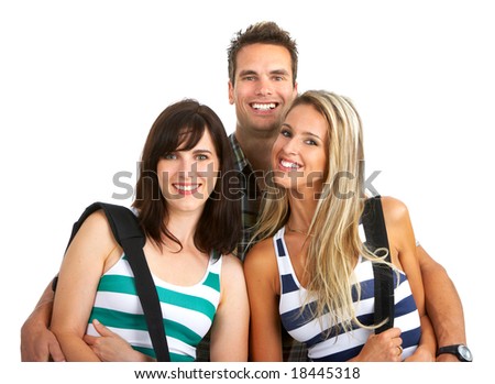 Young smiling  students. Isolated over white background