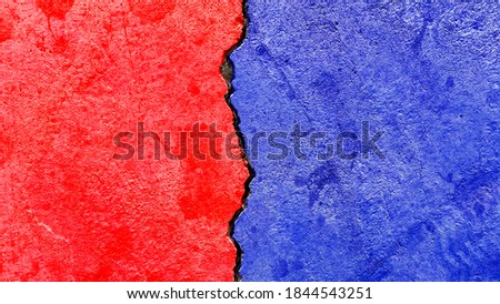 Opposed colors texture banner, abstract political election conflicts concept, e.g., USA, Republican party red VS Democratic party blue colors together painted on broken wall with cracks background Royalty-Free Stock Photo #1844543251