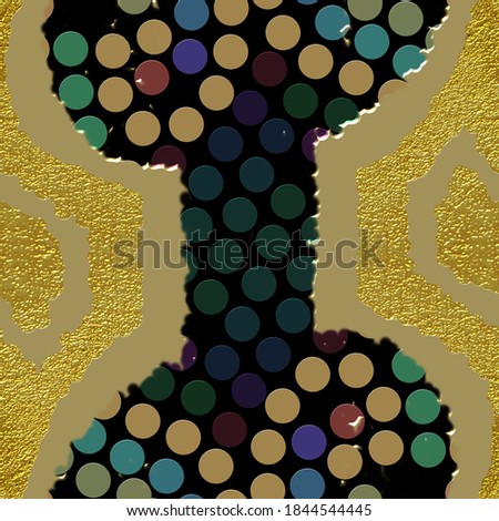 A seamless hand drawing pattern made of yellow blue and green dots on a black background with yellow gold