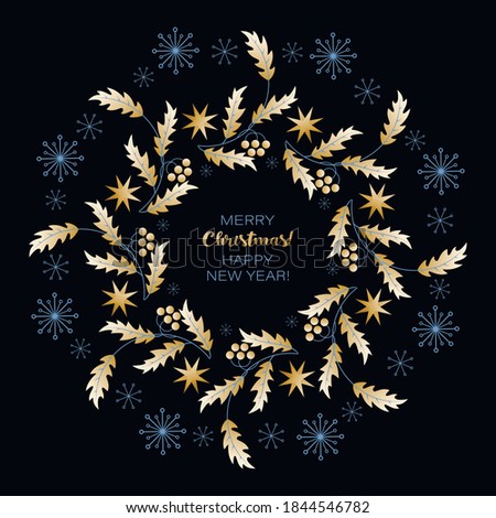Christmas. Festive wreath, frame. Vector greeting card. Holly leaves, berries, stars and snowflakes
